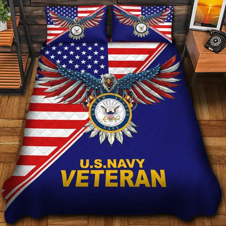 US Navy Veteran Quilted Bedding Set Duvet Cover Bedspread Bedroom Decor Gifts For Veterans