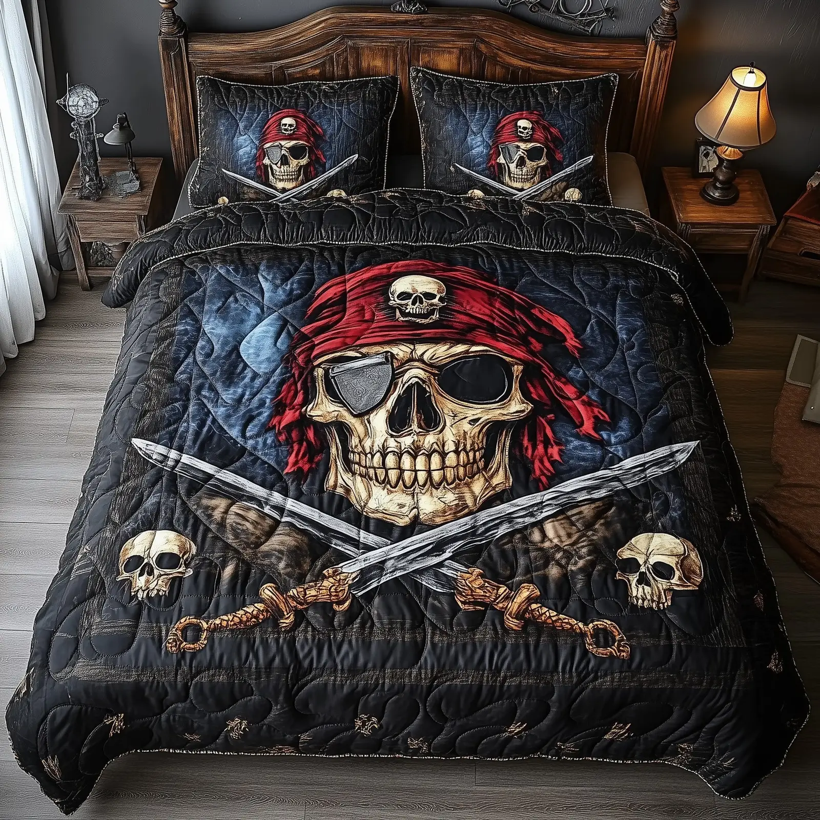 US Veteran Pirate Skull Quilted Bedding Set Duvet Cover Bedspread Halloween Gifts US Veteran Pirate Skull Quilted Bedding Set Duvet Cover Bedspread Halloween Gifts - Image 1