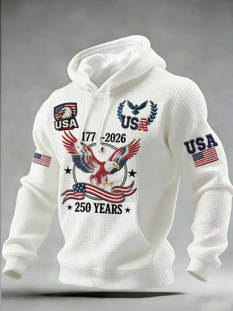 USA 1776 2026 Anniversary Waffle Hoodie Patriotic American Flag Pullover Gift For Him