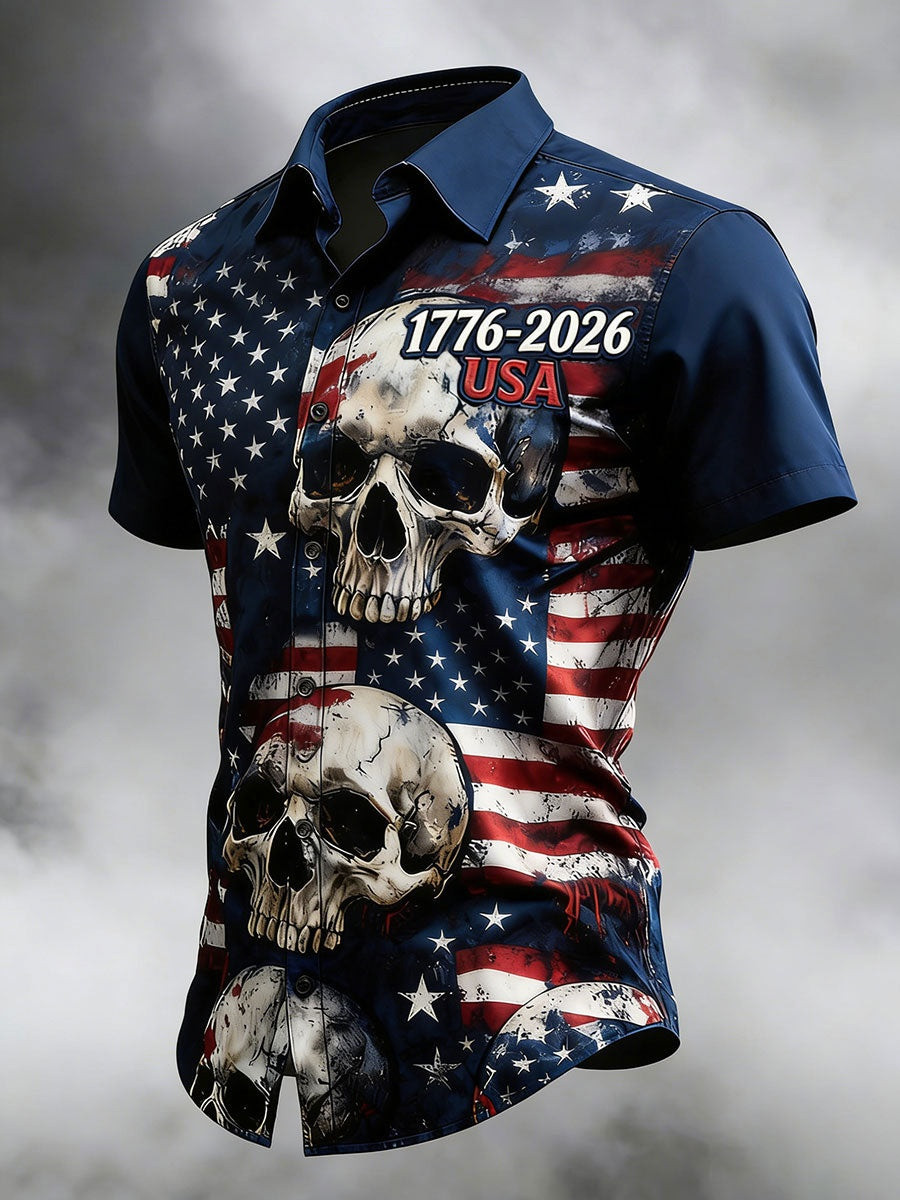 USA 1776 2026 Skull Button Shirt Mens Shirts American Flag 250th Anniversary Patriotic Gift