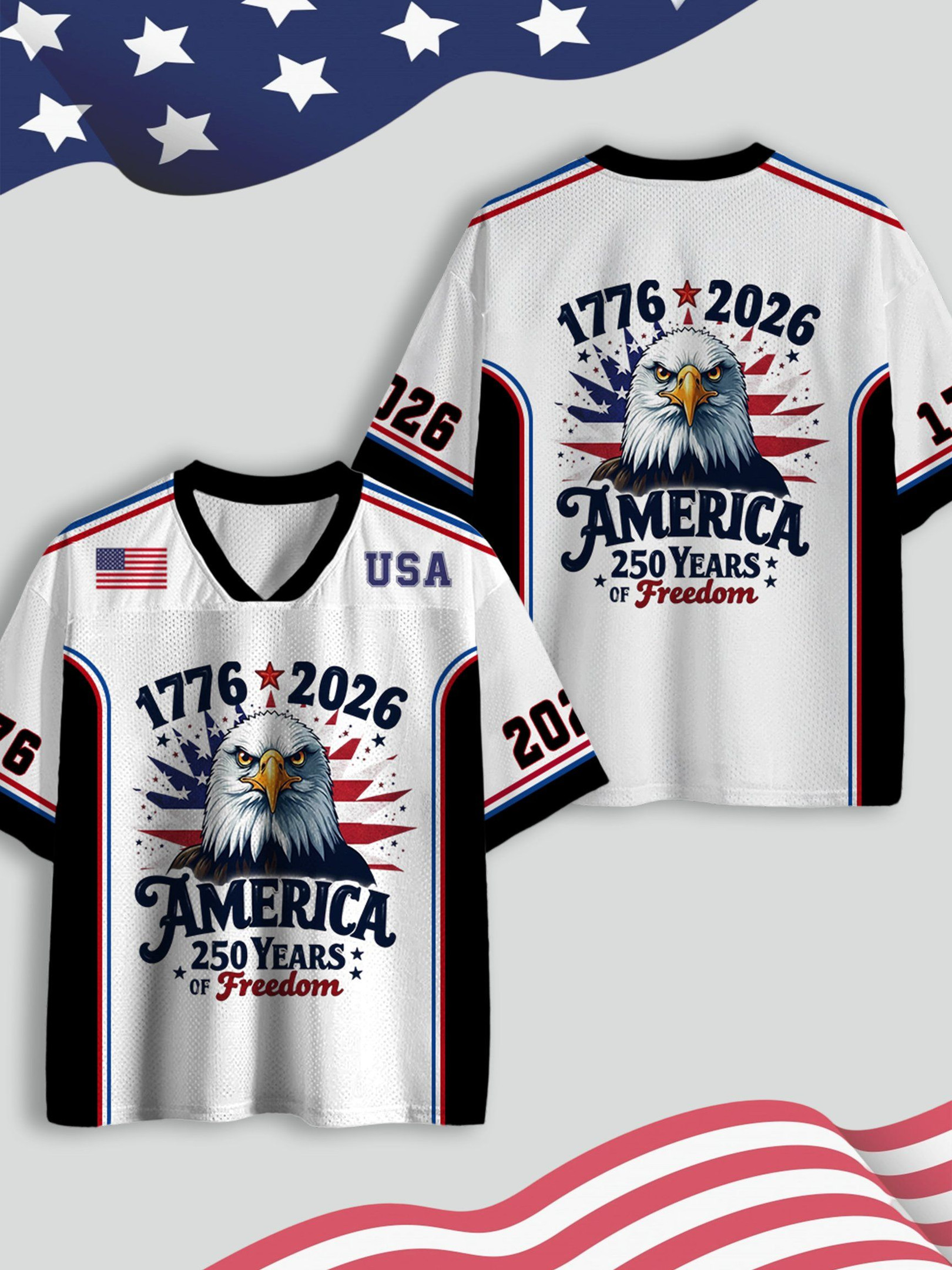 USA 1776 To 2026 American Eagle V-Neck Jersey 250th Anniversary Apparel Father’s Day Gifts