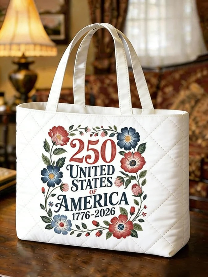 USA 250 United Floral Quilted Tote Bag Patriotic American Flag Handbag Gift For Women