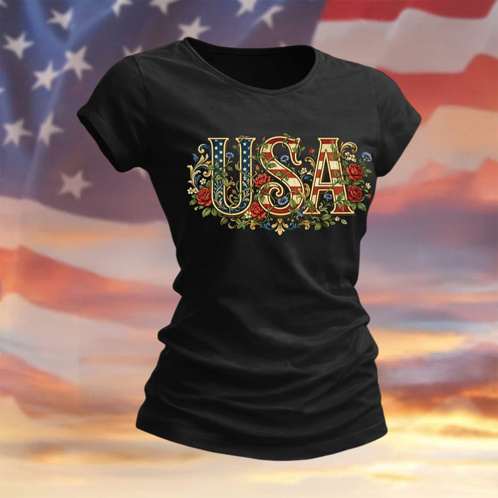 USA 250 Years 1776 2026 Floral T-Shirt America's 250th Birthday Clothes Present For Wife