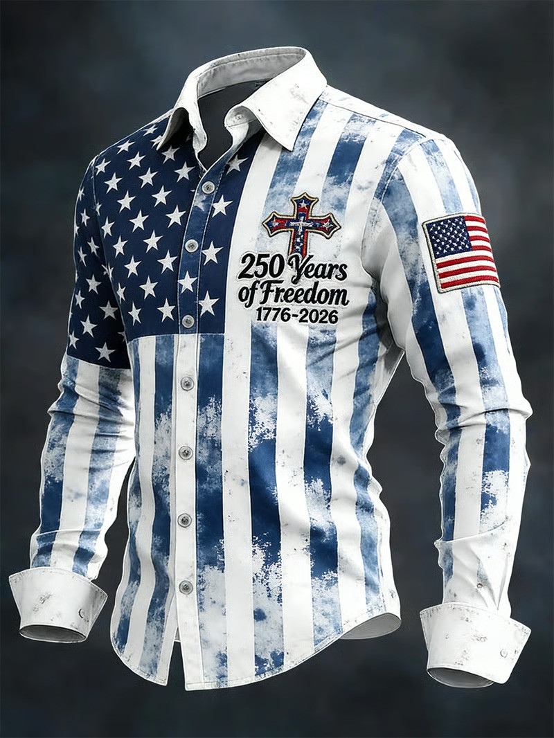 USA 250 Years Of Freedom 1776 2026 Button Long Sleeve Shirt US Flag Apparel Shirts 4Th Of July