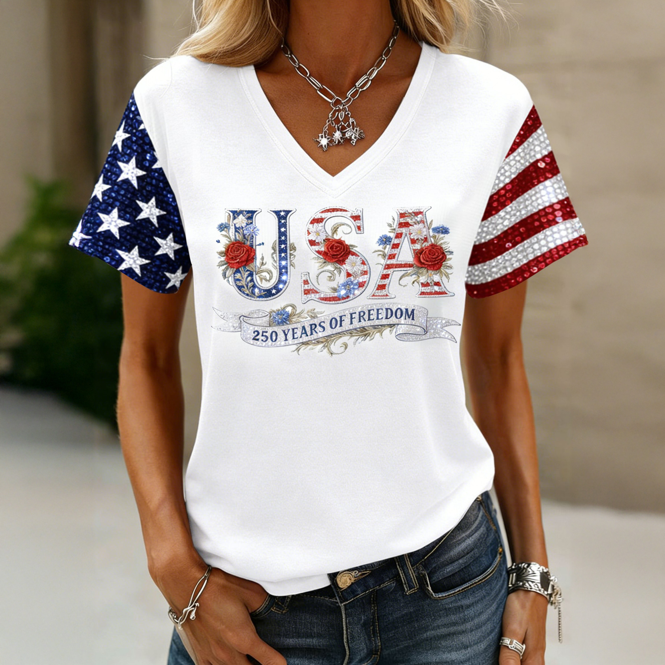 USA 250 Years Of Freedom 1776 2026 V-Neck Shirt Independence Day 2026 Shirt Gift For Wife USA 250 Years Of Freedom 1776 2026 V-Neck Shirt Independence Day 2026 Shirt Gift For Wife - Image 1