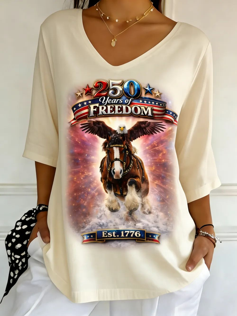 USA 250 Years Of Freedom V-Neck Long Sleeve Shirt 4Th Of July Clothes Gift For Patriotic