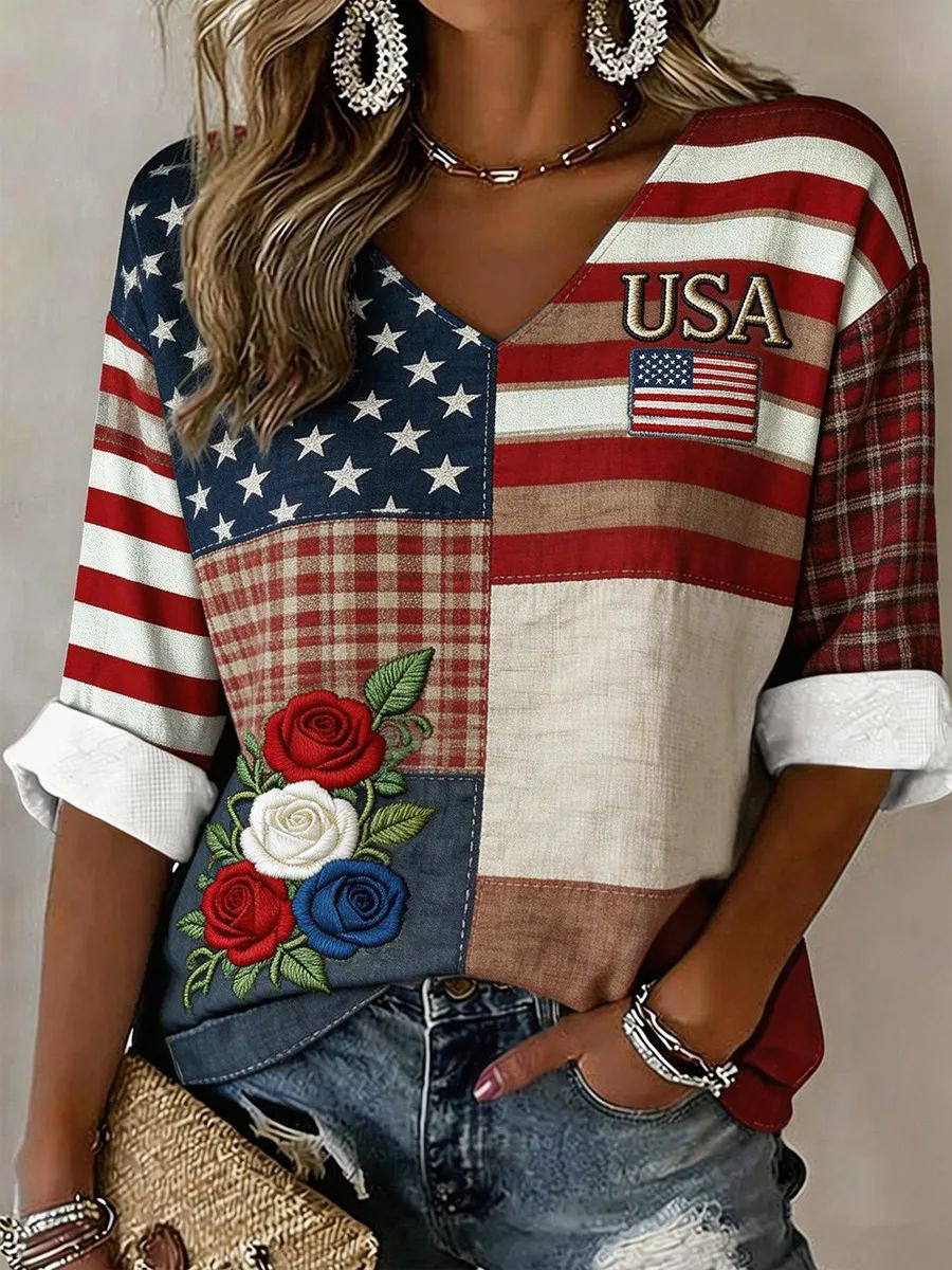 USA 250 Years Of Freedom V-Neck Long Sleeve Shirt Inspired Floral Apparel Gifts Ideas