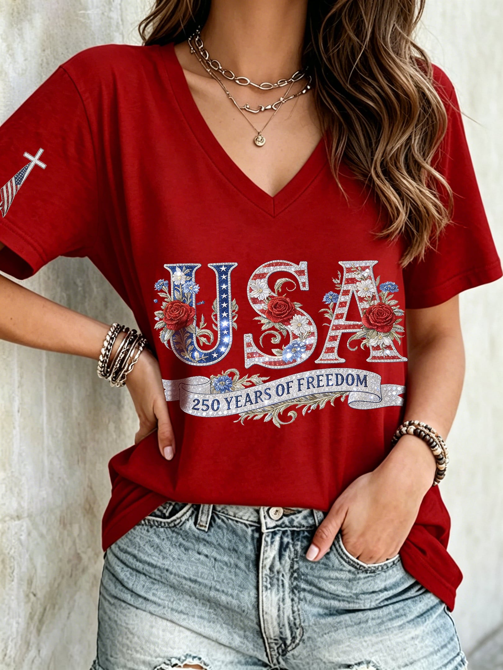 USA 250 Years Of Freedom V-Neck Shirt Clothes For July 4Th Gifts For Independence Day