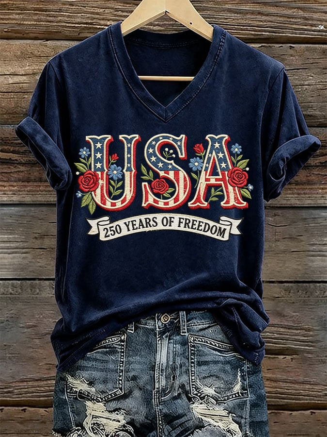 USA 250 Years Of Freedom V-Neck Shirt Independence Day Clothing Gift For Her