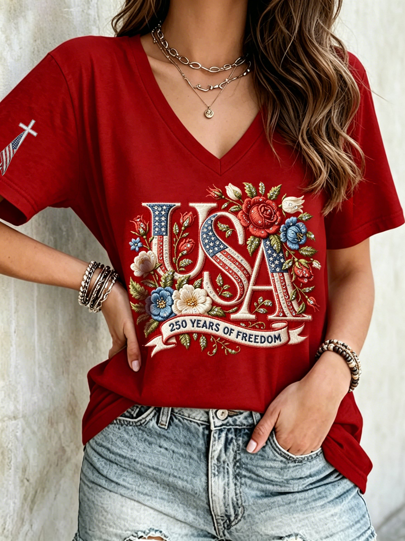 USA 250 Years Of Freedom V-Neck Shirt Womens 4Th Of July Outfits Mother's Day Gifts