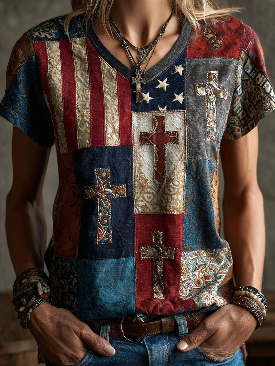 USA 250 Years Of Independence V-Neck Shirt Vintage Floral Clothing Gift Ideas
