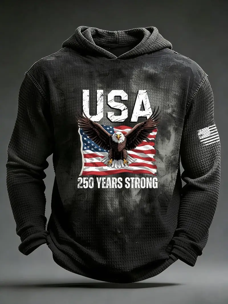 USA 250 Years Strong Waffle Hoodie Patriotic 1776 2026 Eagle Apparel Gift For Him
