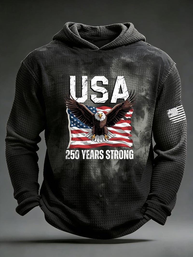 USA 250 Years Strong Waffle Hoodie Patriotic 1776 2026 Eagle Apparel Gift For Him
