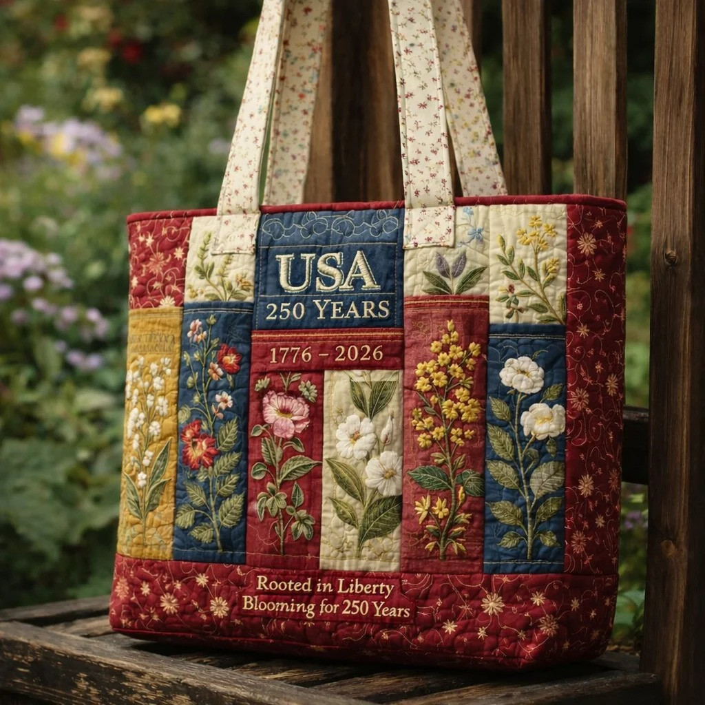USA 250 Years Vintage Patchwork Quilted Tote Bag Patriotic American Flag Handbag Gift For Men