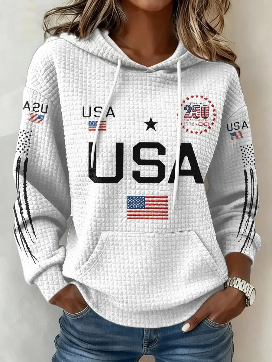 USA 250th Anniversary 1776 2026 Hoodie Waffle American Flag Independence Day Apparel