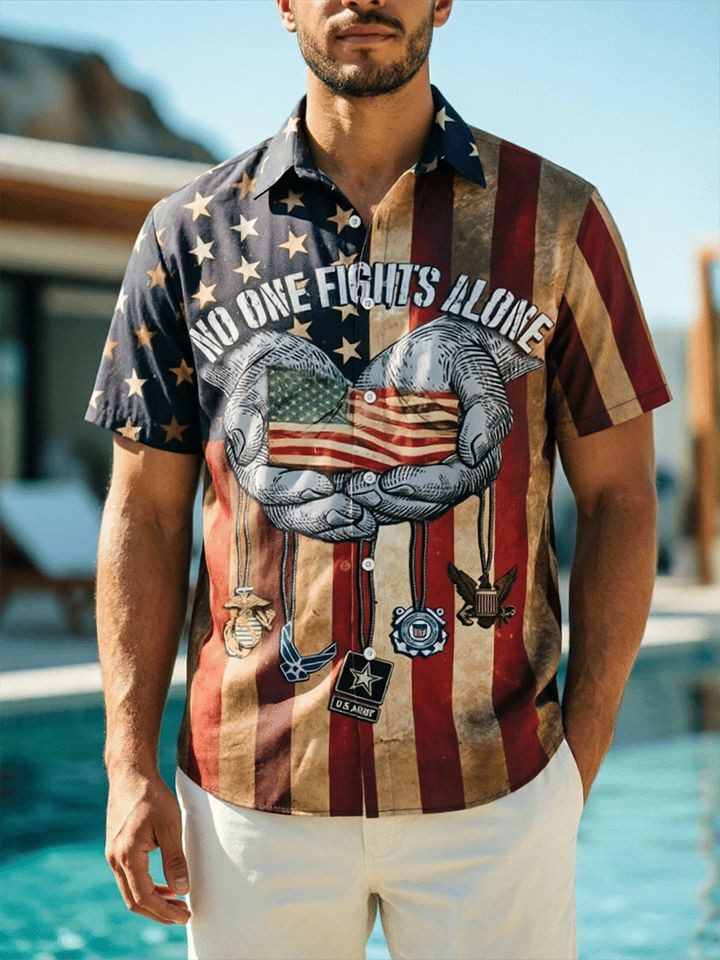 USA 250Th Anniversary Button Shirt No One Fights Alone Apparel Gifts For Your Husband USA 250Th Anniversary Button Shirt No One Fights Alone Apparel Gifts For Your Husband - Image 1