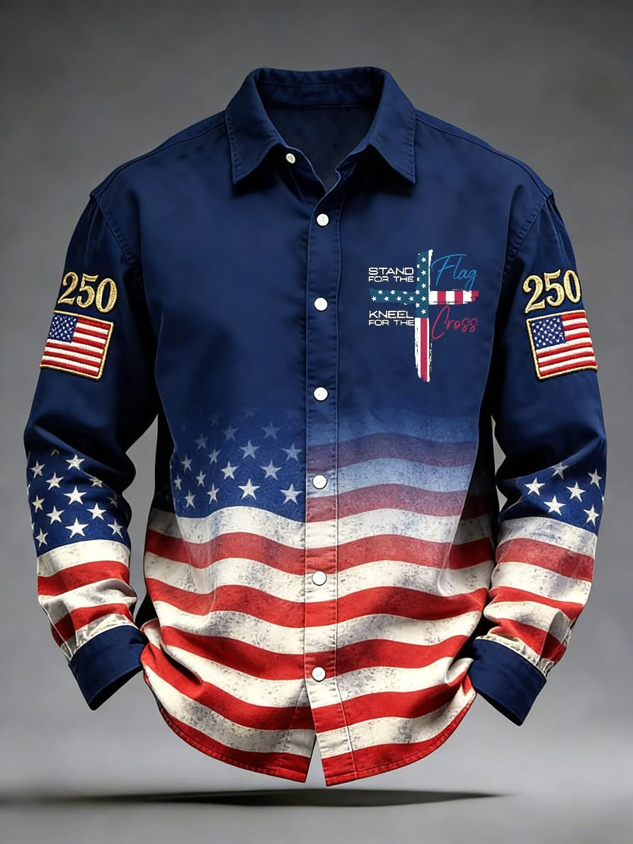 USA 250th Anniversary Button Up Long Sleeve Shirt Stand For The Flag Kneel For The Cross Merch USA 250th Anniversary Button Up Long Sleeve Shirt Stand For The Flag Kneel For The Cross Merch - Image 1