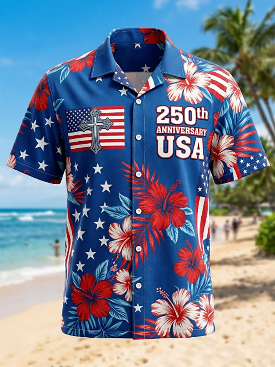 USA 250th Anniversary Hawaiian Shirt American Flag With Cross Hibiscus Apparel Gift Ideas