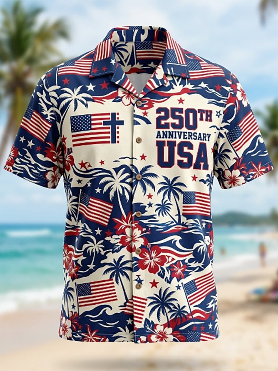 USA 250th Anniversary Hawaiian Shirt Faith Cross American Flag Aloha Shirt Patriotic Clothing