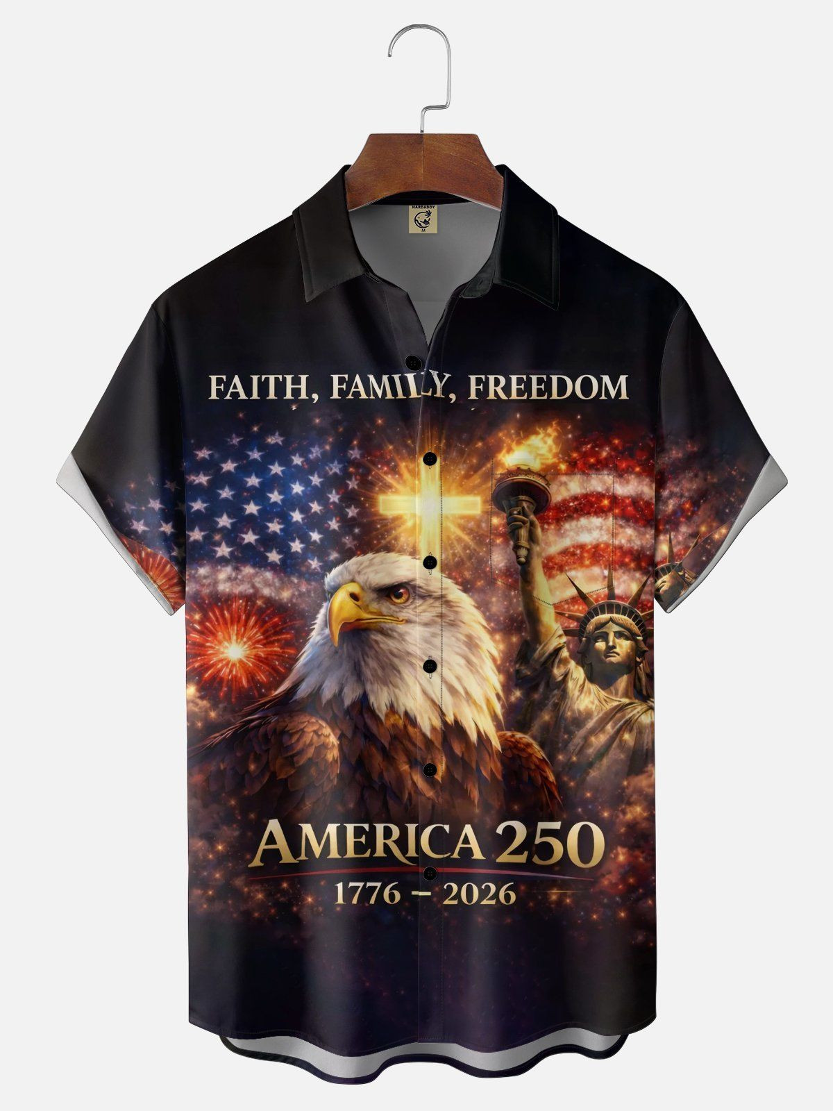 USA 250Th Anniversary Hawaiian Shirt Faith Family Freedom Cross & Bald Eagle Clothes Dad Gift