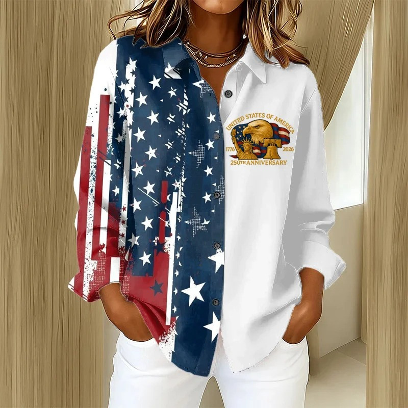 USA 250th Anniversary Long Sleeve Button Shirt American Flag Freedom Clothing Gift For Her