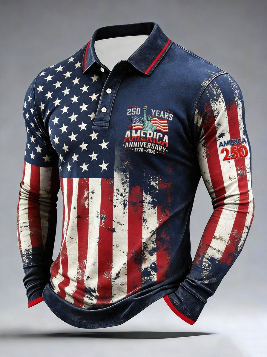 USA 250th Anniversary Long-Sleeve Polo Mens American Flag Graphic 4th July Merch