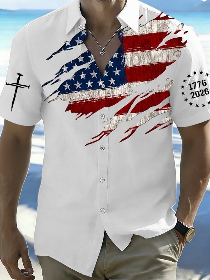 USA 250th Anniversary National Flag Button Up Shirt Men's Patriotic Apparel 4th Of July Gifts