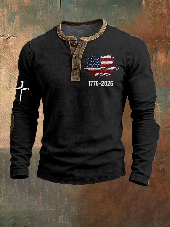 USA 250th Anniversary National Flag Henley Long Sleeve Shirt Mens Patriotic Clothing Best Gifts