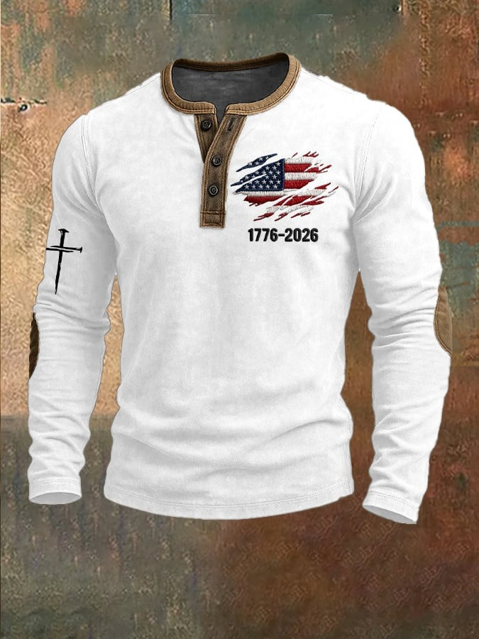 USA 250th Anniversary National Flag Henley Long Sleeve Shirt Patriotic Clothing Gifts For Him