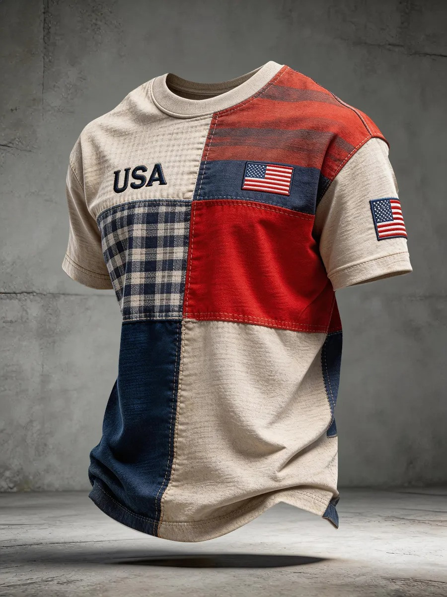 USA 250th Anniversary Patchwork T-Shirt Men's Patriotic Apparel 4th Of July Gifts For Him USA 250th Anniversary Patchwork T-Shirt Men's Patriotic Apparel 4th Of July Gifts For Him - Image 1