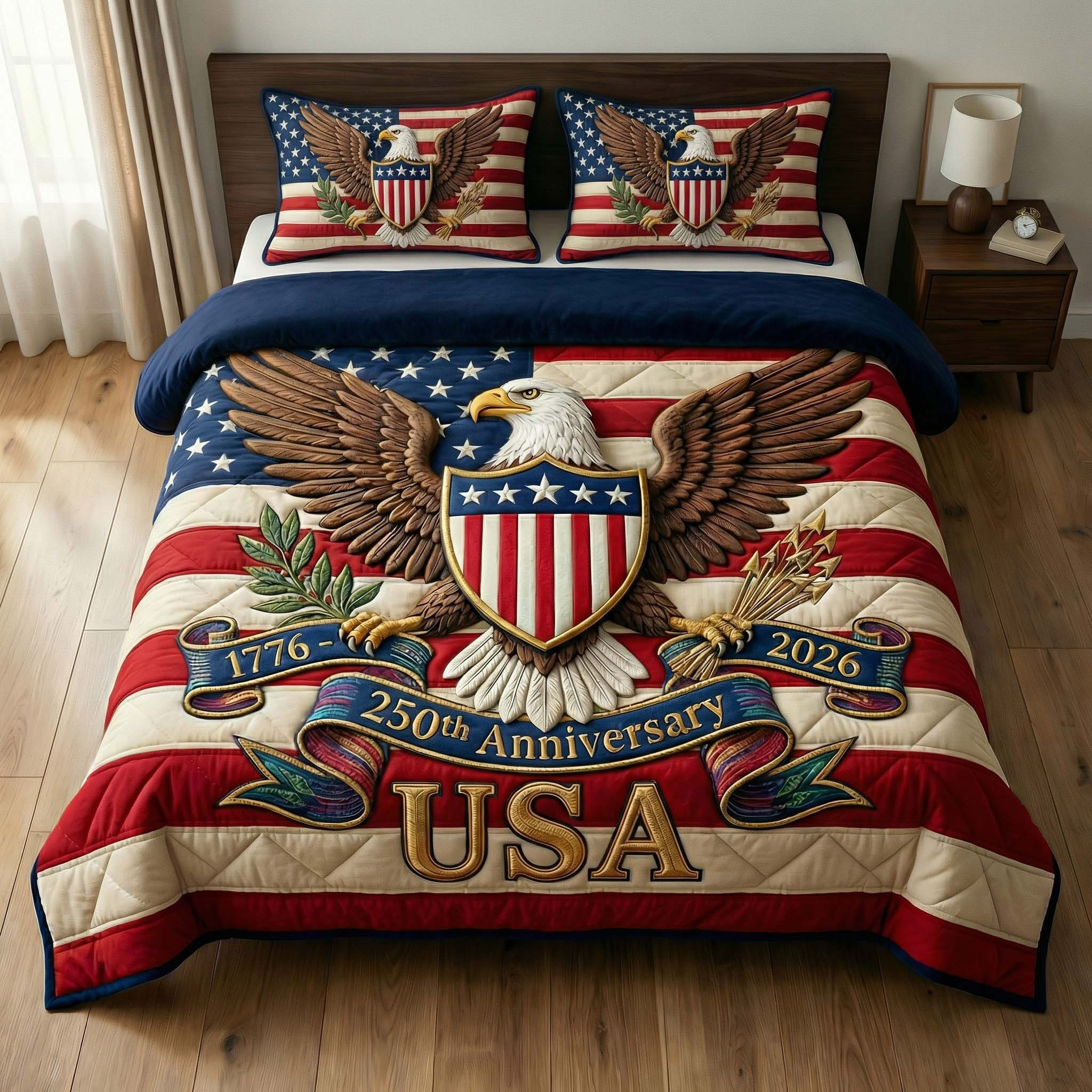 USA 250th Anniversary Quilted Bedding Set American Flag Comforter Gift for Patriots