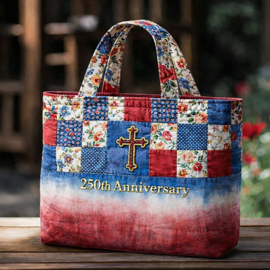 USA 250th Anniversary Quilted Tote Bag Patriotic Patchwork Christian Cross Handbag Gift For Women