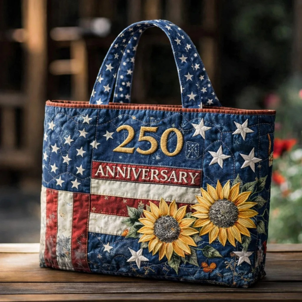 USA 250th Anniversary Sunflower Quilted Tote Bag Patriotic American Flag Handbag Gift For Women