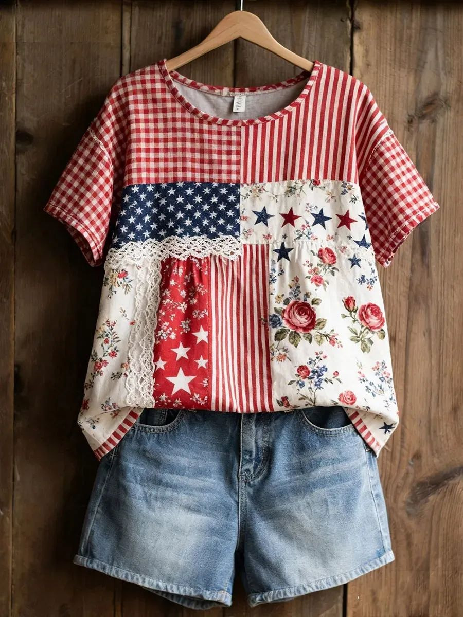 USA 250Th Anniversary T-Shirt American Floral Patchwork Apparel Best Patriotic Gifts