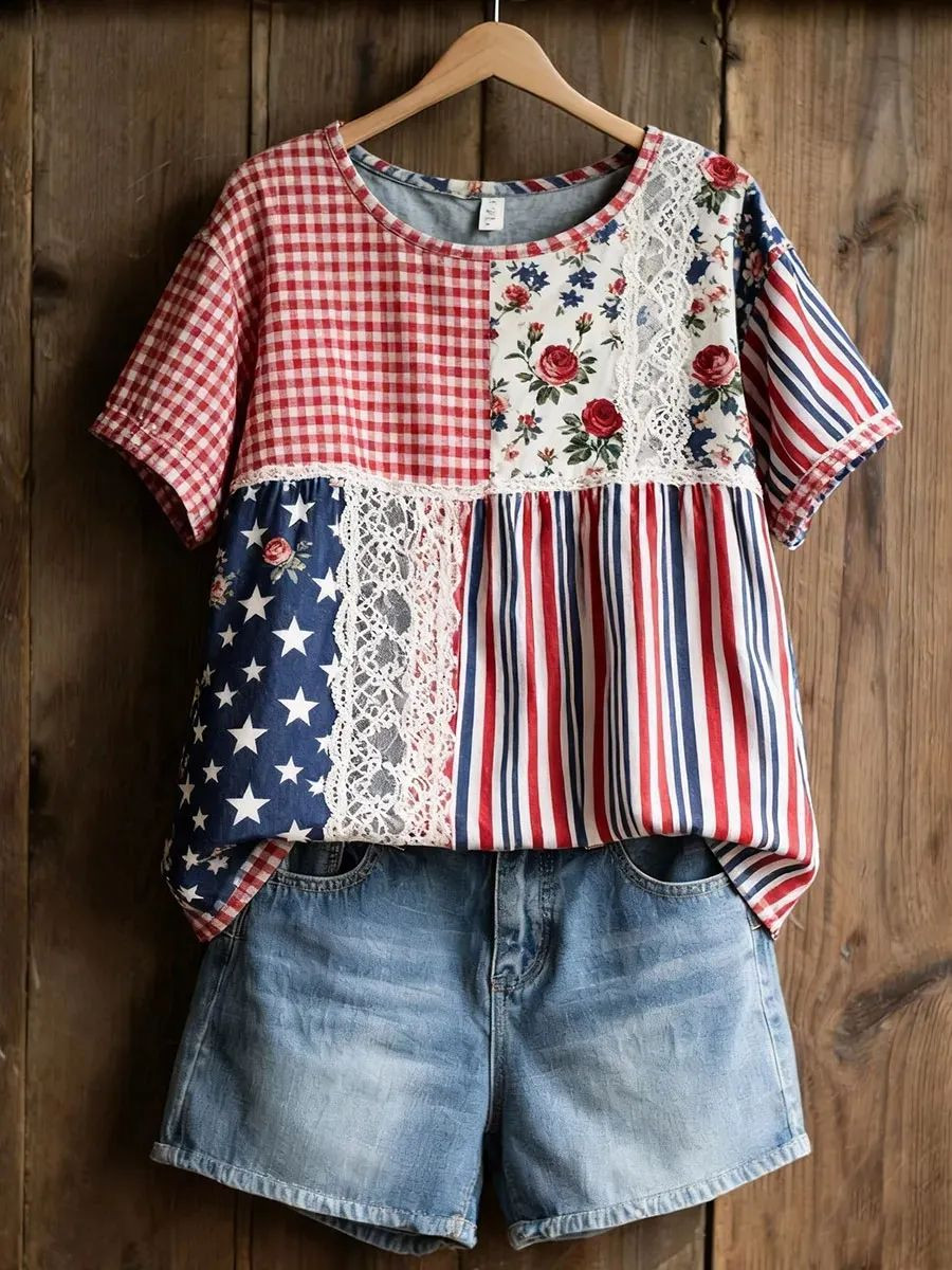 USA 250Th Anniversary T-Shirt American Floral Patchwork Apparel Gifts For 4Th Of July