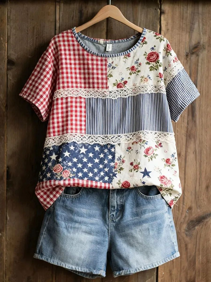 USA 250Th Anniversary T-Shirt American Floral Patchwork Apparel Patriotic Gifts For Mom