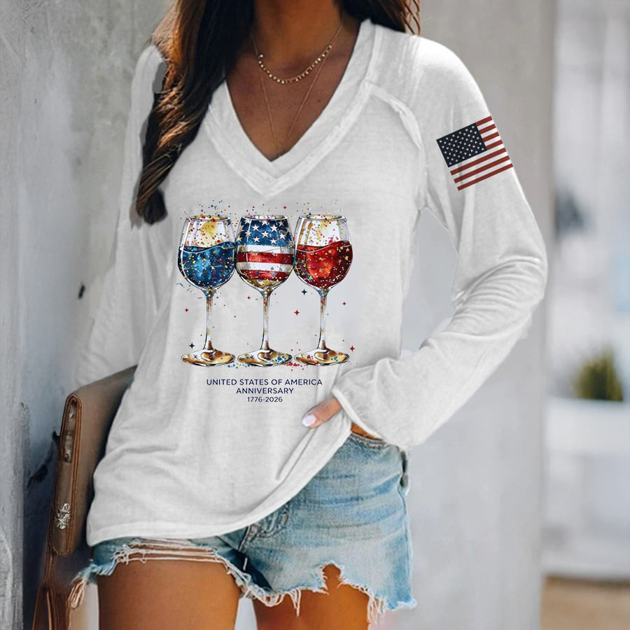 USA 250th Anniversary Wine Glass Celebration V-Neck Long Sleeve Shirt America's Birthday Apparel