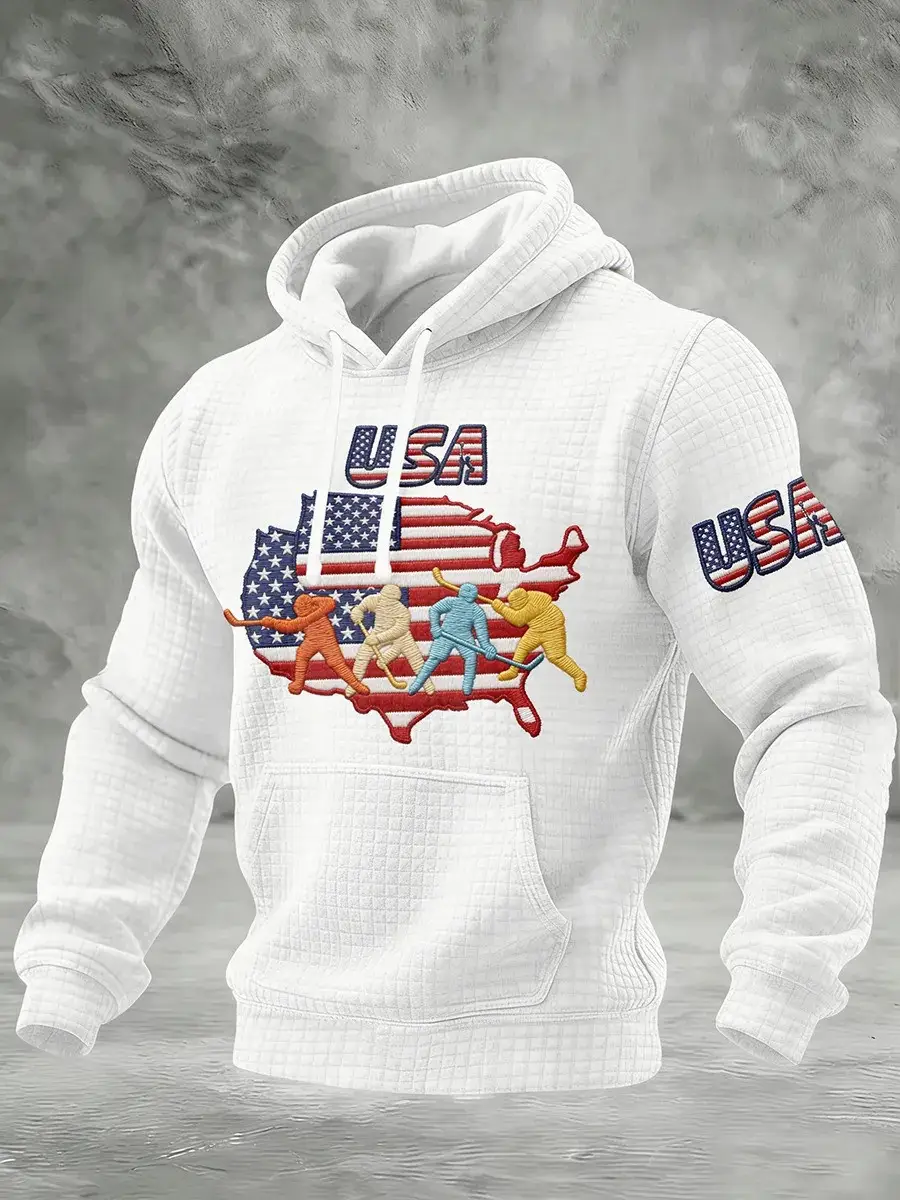 USA Hockey Winter Olympics 2026 Hoodie USA Map Sports Figures Printed Game Day Outfit Mens