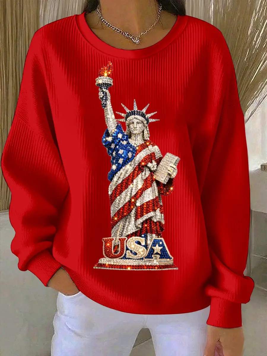 USA Statue Of Liberty Sweatshirt Women's Patriotic Apparel Red Gifts For 4th Of July USA Statue Of Liberty Sweatshirt Women's Patriotic Apparel Red Gifts For 4th Of July - Image 1