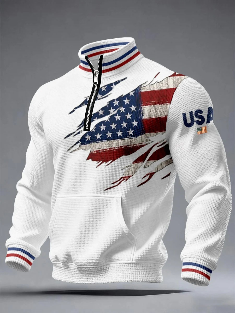USA Torn Flag Quarter Zip Hoodie Mens Quarter Zip Sweaters Patriotic 250th Anniversary Gift USA Torn Flag Quarter Zip Hoodie Mens Quarter Zip Sweaters Patriotic 250th Anniversary Gift - Image 1