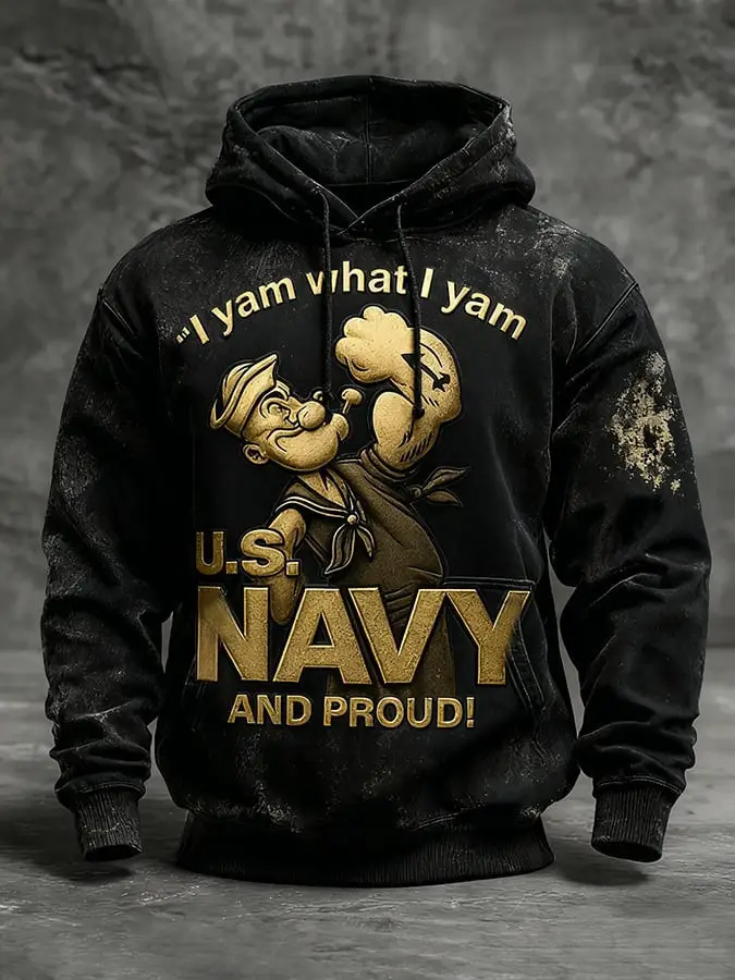 USN Veteran Hoodie I Yam What I Yam Cartoon Pattern Navy Merch Gifts For Men