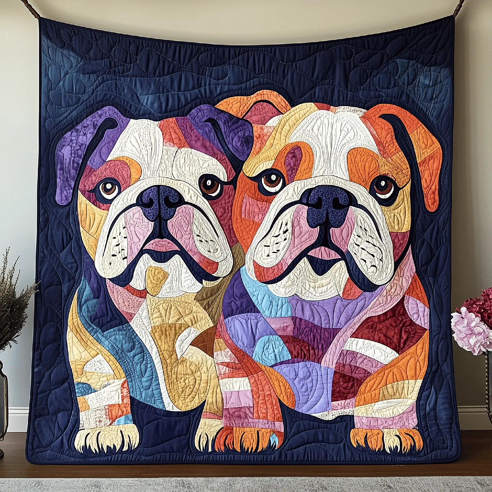 Valentine Bulldog Couple Quilted Blanket Unique Home Decor Valentine Gift For Wife