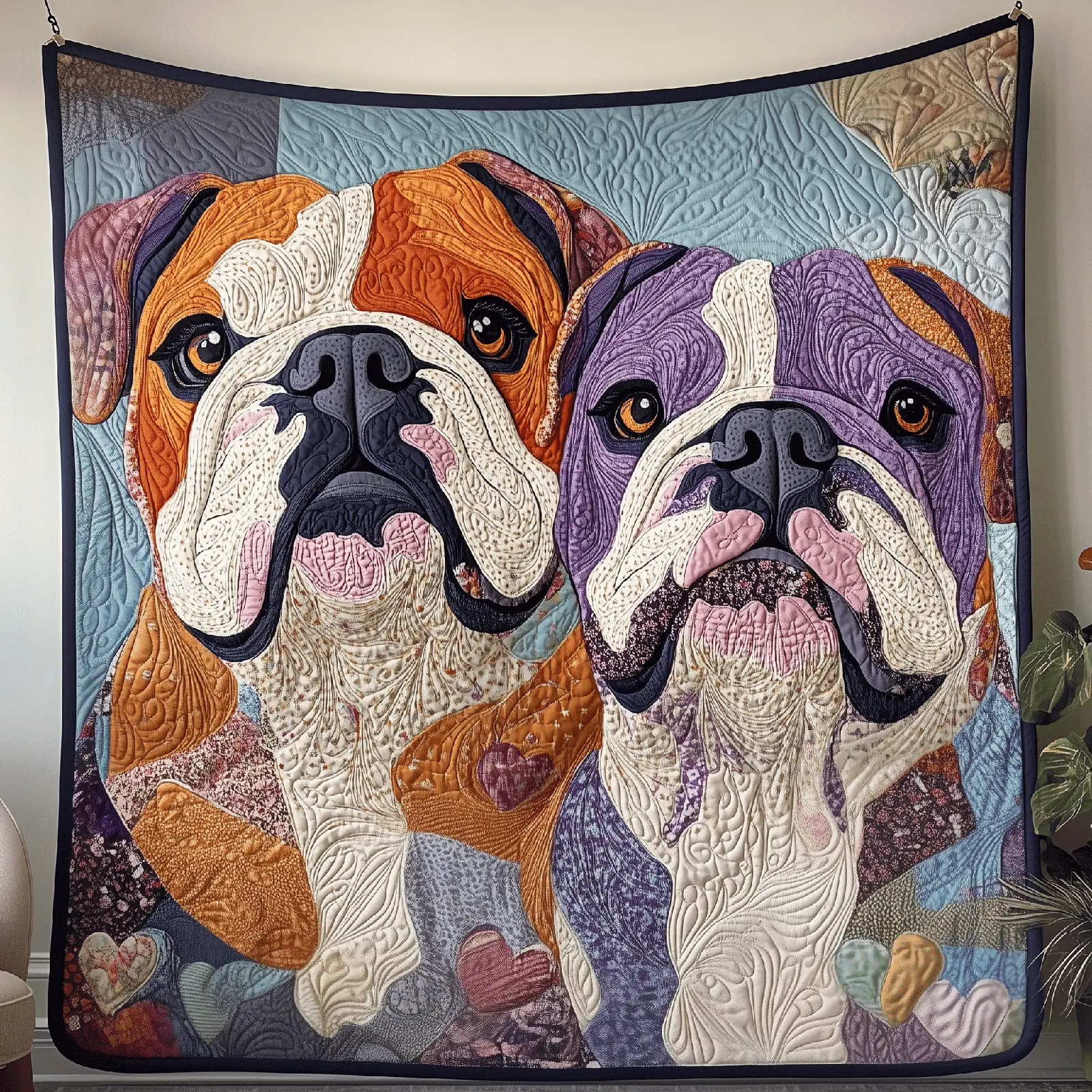 Valentine Bulldog Couple Quilted Blanket Unique Home Decor Valentine's Day Gifts For Her
