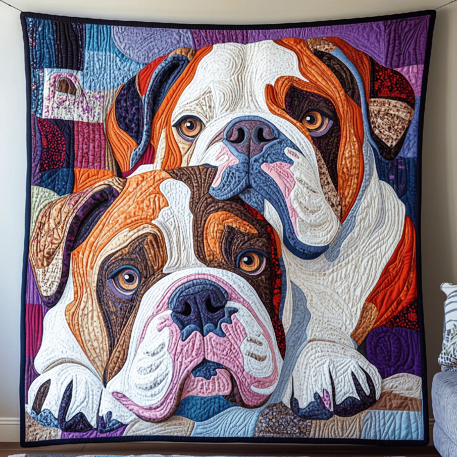 Valentine Bulldog Couple Vintage Quilted Blanket Dog Graphic Best Home Decor Gifts For Dog Lovers