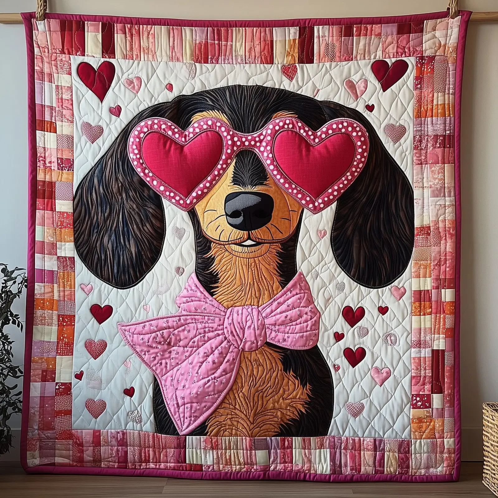 Valentine Dachshund Wears Ribbon Quilted Blanket Animal Home Decor Lovely Gifts For Girlfriend