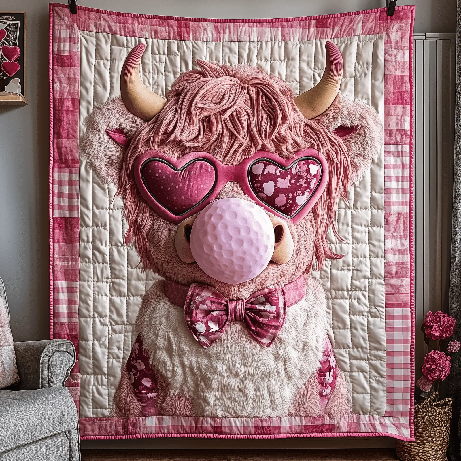 Valentine Highland Cow Quilted Blanket Animal Art Bedroom Decor Gift Ideas For Cow Enthusiasts