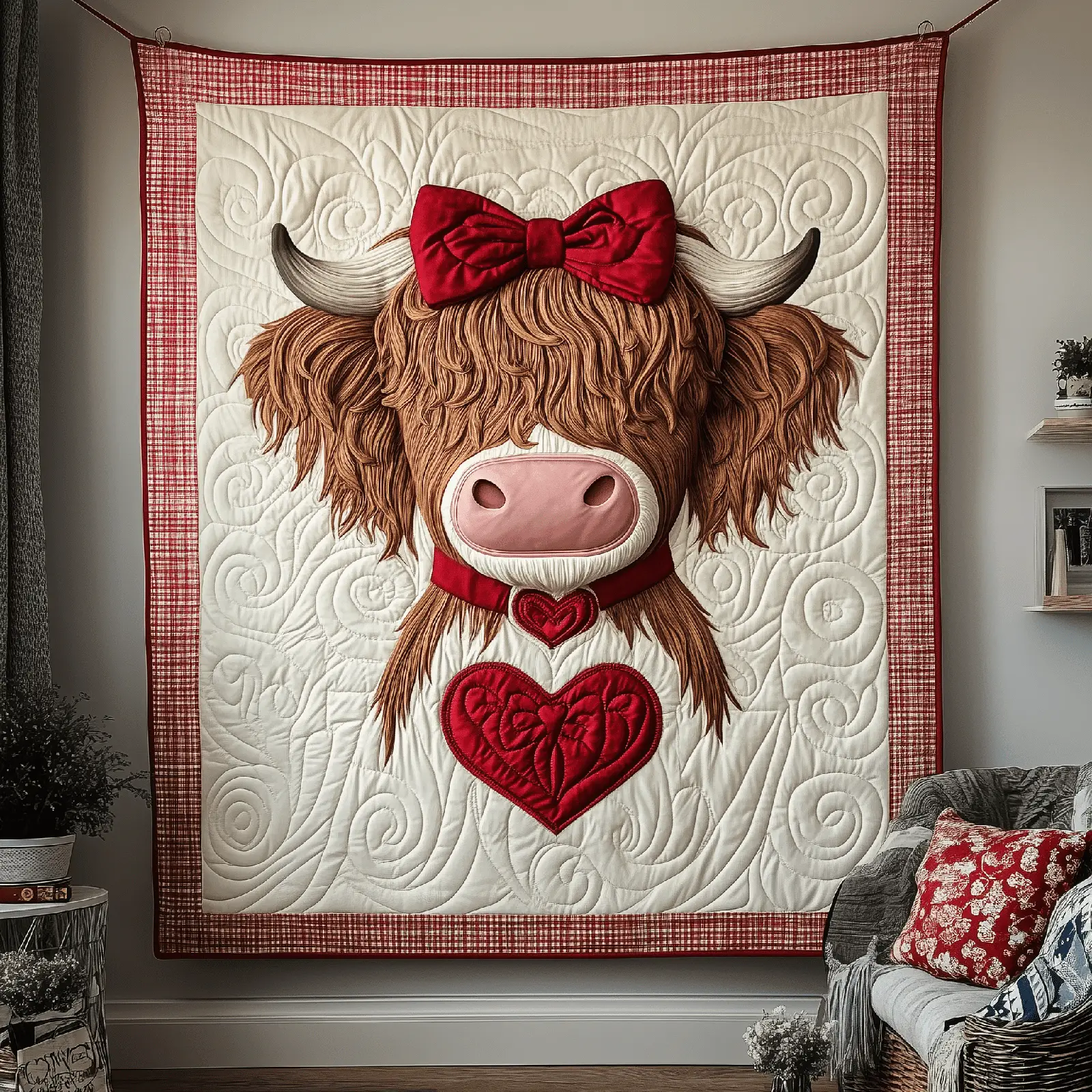 Valentine Highland Cow Quilted Blanket Animal Themed Bedroom Decor Gifts For Cow Owners