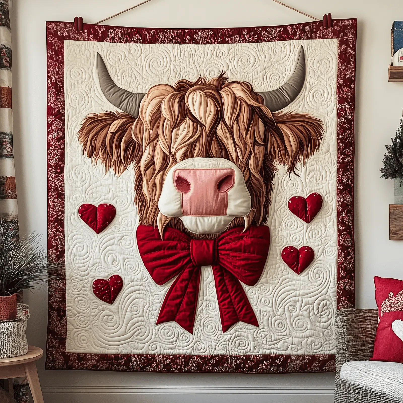 Valentine Highland Cow Quilted Blanket Bedroom Accessories Highland Cow Lover Presents