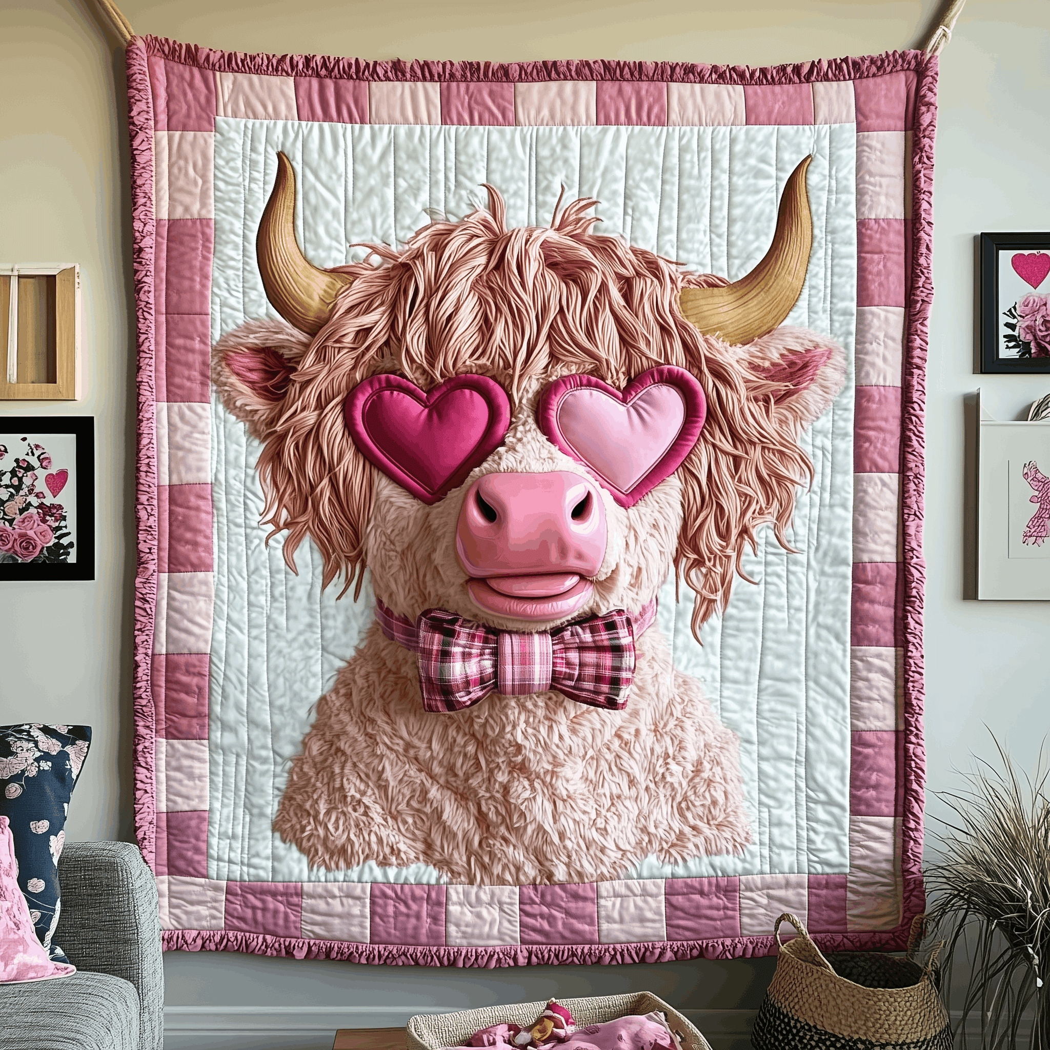 Valentine Highland Cow Quilted Blanket Retro Home Decor Valentine's Day Gifts For Her