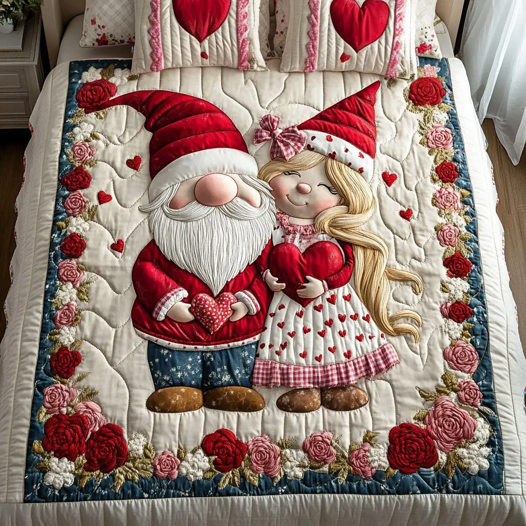 Valentine Little Gnomes Quilted Bedding Set Aesthetic Home Decor Valentine's Day Gifts For Her
